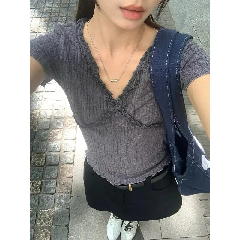 CU｜B188 法式優雅感🌹交錯心機 古典修身顯瘦短袖上衣 素色上衣