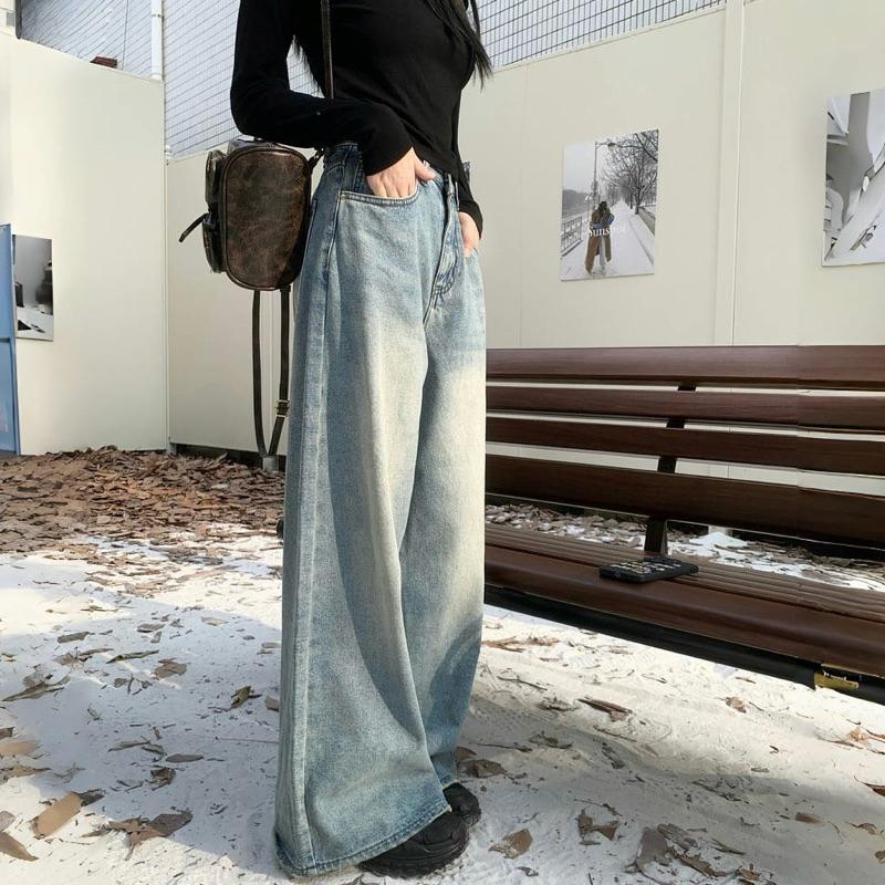 CU｜B163 兩色百搭💙復古水洗牛仔褲 直筒褲 闊腿褲 落地褲 直筒褲 顯瘦牛仔褲 梨形身材牛仔褲