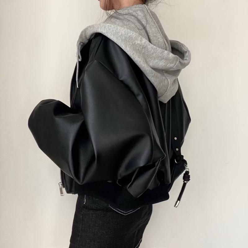 CU｜C92 假兩件式皮衣🖤連帽外套 防風外套 連帽外套 短版皮衣 短版外套 秋冬女裝 薄外套 夾克