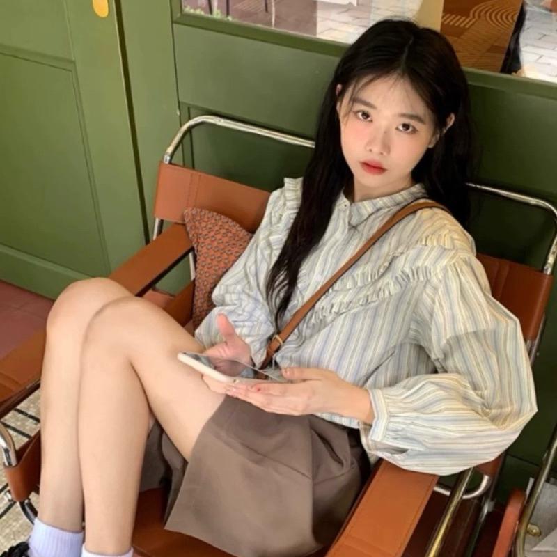 CU｜N31 日系文青風🖤復古條紋長袖荷葉邊襯衫 條紋襯衫 長袖襯衫 百搭圓領上衣
