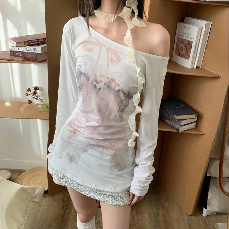 CU｜D97 千金少女風🎀美式甜心斜肩防曬上衣 長袖T恤上衣 miumiu風