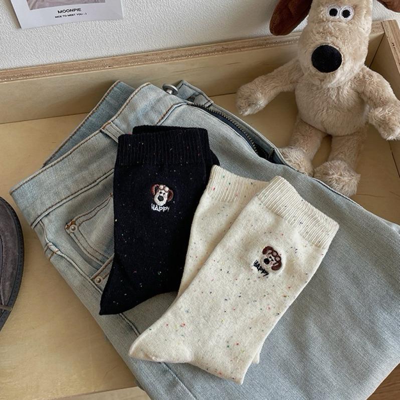 CU｜K07 狗狗刺繡飛行襪🐶韓國ins風點子砂卡通狗狗中筒襪 學生襪 素色襪子 韓國襪子