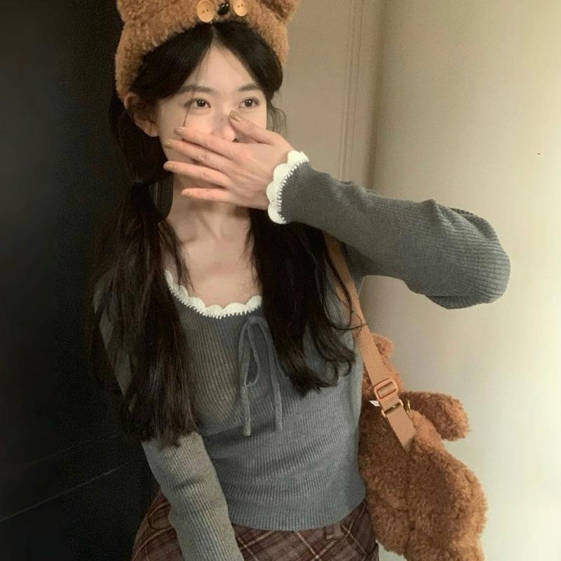 CU｜D51 撞色花邊🌹浪漫氛圍綁帶長袖針織衫 毛袖毛衣 針織衫 打底上衣 內搭上衣 秋冬穿搭