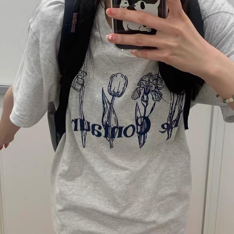 CU｜B143 復古白灰🤍韓國簡約鬱金香印花 寬鬆短袖T恤上衣/大學T