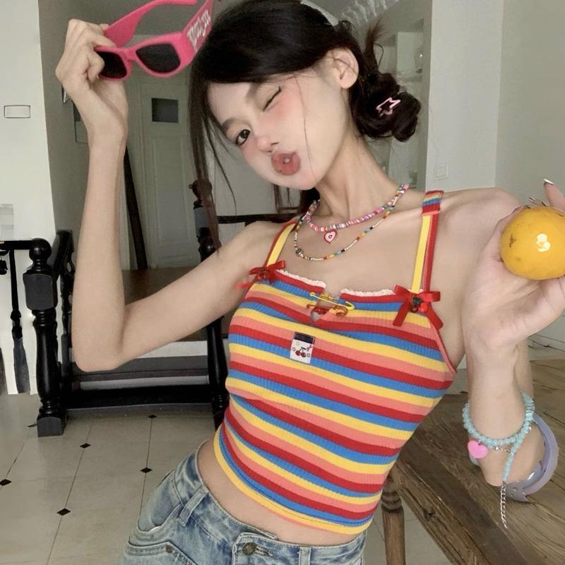 CU｜O32 彩虹多巴胺🌈露背綁帶上衣 渡假感吊帶背心 海邊穿搭 針織吊帶背心 無袖上衣