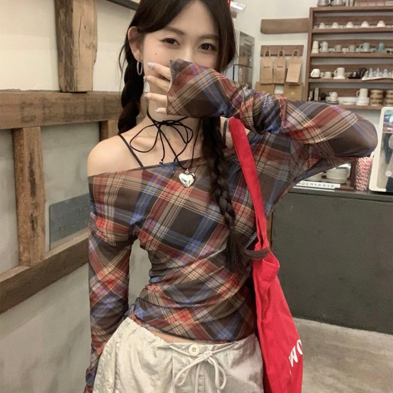 CU｜D76 美式復古格紋❤️一字領網紗上衣 微透疊穿防曬罩衫 一字領上衣