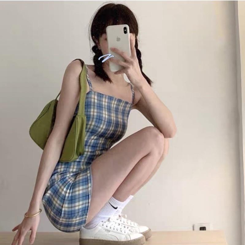 CU｜O59 經典格紋吊帶裙💙韓國學院風清新藍格子細肩帶吊帶連身裙/短裙/吊帶裙/包臀裙