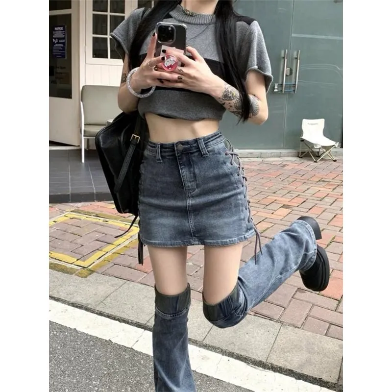 CU｜B195 附腿套 辣妹綁帶短裙 包臀裙 A字裙 送腿套 兩件一組