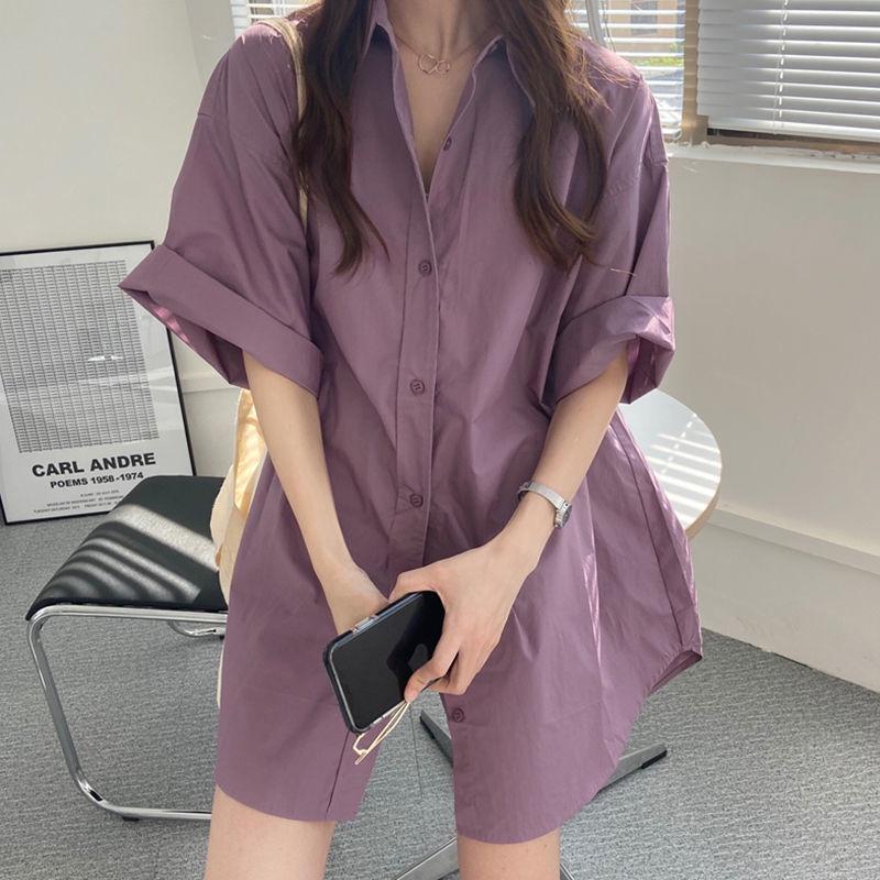 CU｜N01 日系文藝紫色短袖襯衫💜復古港味中長版寬鬆襯衫上衣/短袖襯衫