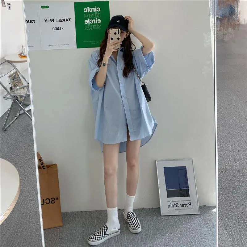 CU｜N01 日系文藝紫色短袖襯衫💜復古港味中長版寬鬆襯衫上衣/短袖襯衫