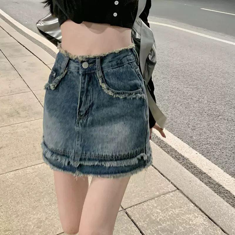 CU｜B62 復古破壞感🖤防走光 雙層毛邊高腰牛仔短裙 牛仔迷你裙 短裙 A字裙 包臀裙 含安全褲