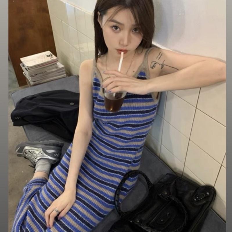 CU｜O47 慵懶感藍條紋針織吊帶裙～修身顯瘦吊帶連身裙/中長裙/針織裙/打底裙