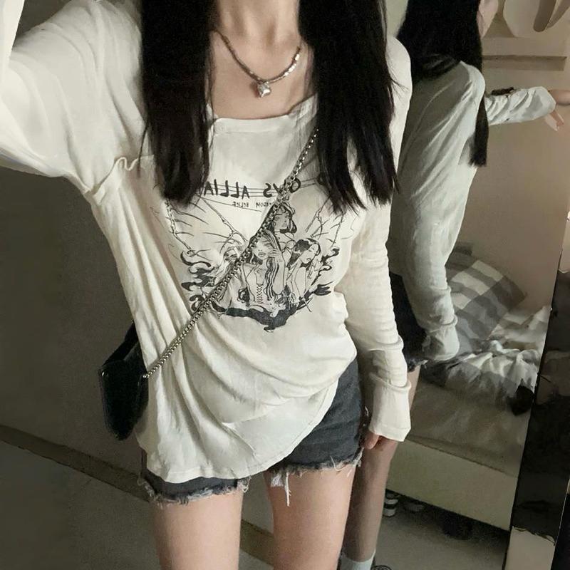 CU｜C102 美式復古露肩薄款罩衫🖤不規則露肩 寬鬆長袖上衣 罩衫 防曬罩衫