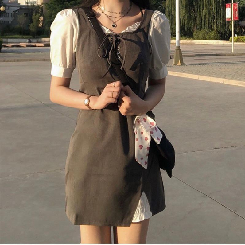 CU｜O46 假兩件學院風🖤高級灰拼接短袖連身裙～短裙 小洋裝