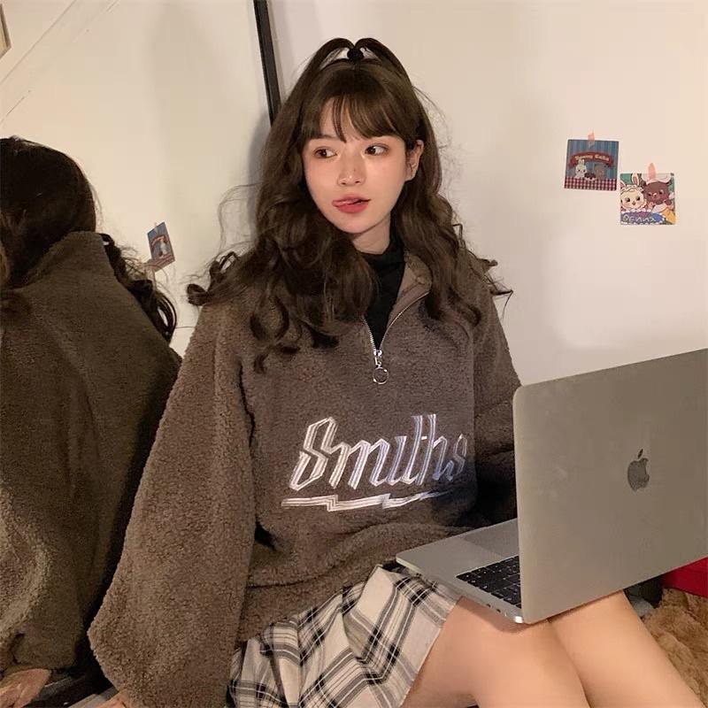 CU｜U13 CU🇰🇷 現貨秒出🔥加絨加厚羊羔絨🔥小韓國美式立領衛衣～毛絨絨上衣/大學T
