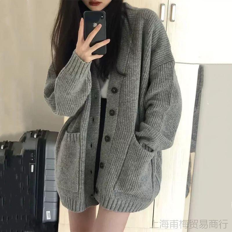 CU｜D43 大口袋針織外套❤️韓系穿搭學院感～寬鬆V領素色針織外套/毛衣外套/針織衫