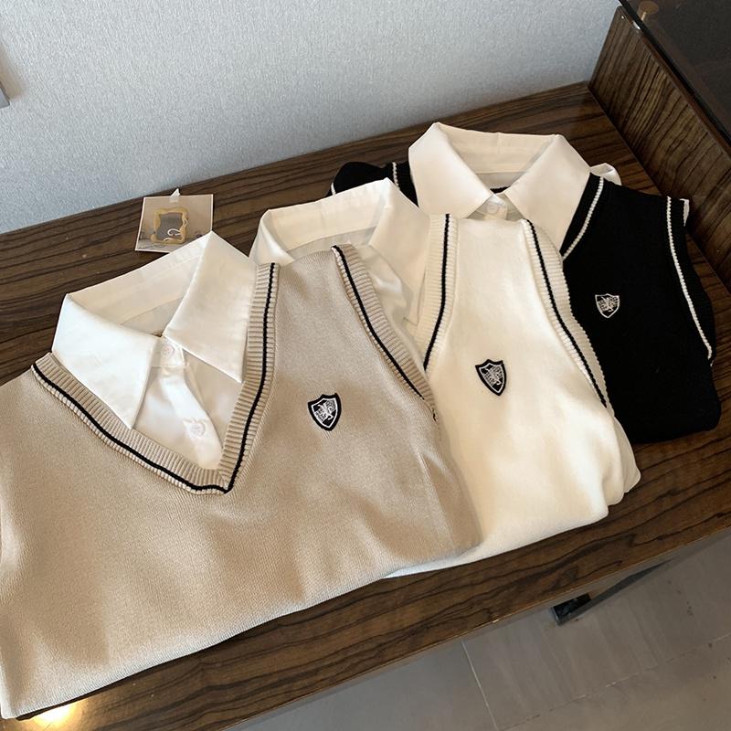 CU｜N51 假兩件完美搭配🥰韓國學院風Polo領襯衫拼接馬甲長袖上衣～針織馬甲背心/長袖襯衫