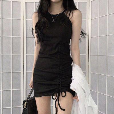 CU｜O01 掛脖式小黑裙🖤小性感復古赫本風吊帶黑色連身裙/短裙/側腰抓皺顯瘦
