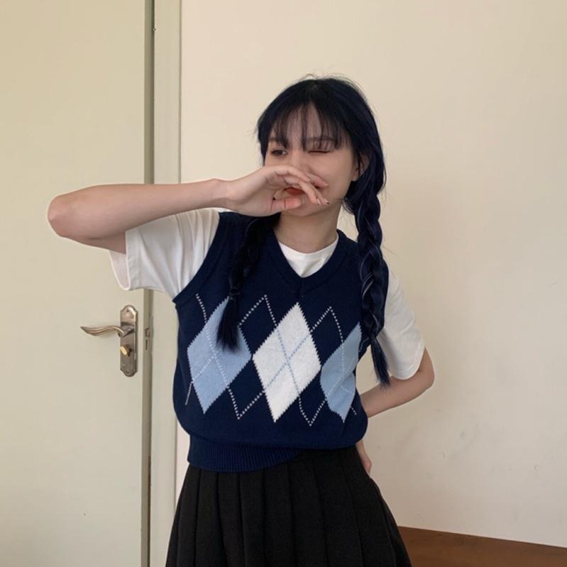 CU｜N49 經典學院風針織馬甲背心😍百搭顯瘦英倫學院風菱格拼色V領針織無袖背心