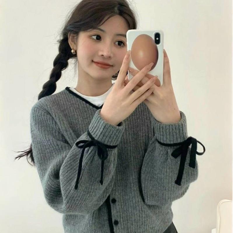 CU｜D80 小香風法式針織罩衫🌹蝴蝶結綁帶 甜美毛衣 針織外套 針織衫