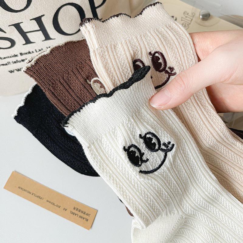 CU｜A112 日系大眼刺繡撞色花邊中筒襪