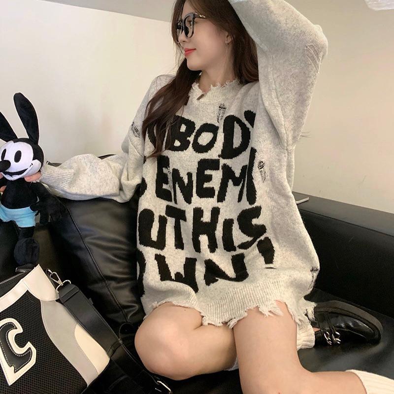 CU｜Z美式塗鴉風格🖤故意刷破個性寬鬆長袖針織毛衣/長袖針織衫