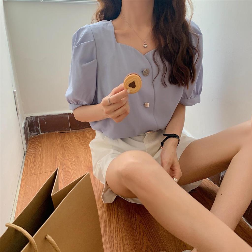 CU｜N20 方領泡泡袖襯衫💓仙女系法式復古短款雪紡上衣/方領短袖襯衫/