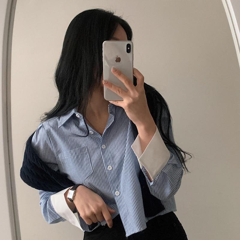 CU｜D30 ‍知性模範生💙正式休閒皆可～拼接撞色長袖短版襯衫上衣/長袖襯衫/條紋襯衫