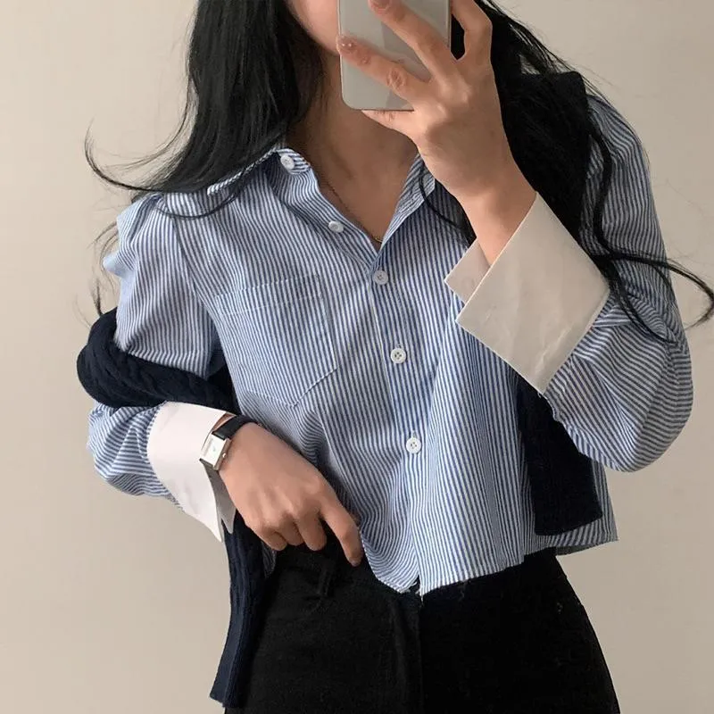 CU｜D30 ‍知性模範生💙正式休閒皆可～拼接撞色長袖短版襯衫上衣/長袖襯衫/條紋襯衫