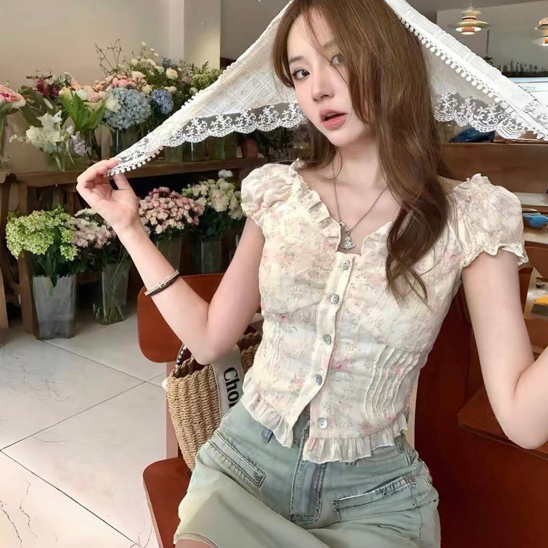 CU｜B119 甜辣小碎花🌹法式高級感花邊領一字領短袖上衣