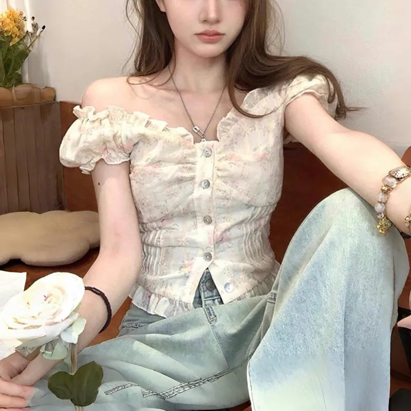 CU｜B119 甜辣小碎花🌹法式高級感花邊領一字領短袖上衣