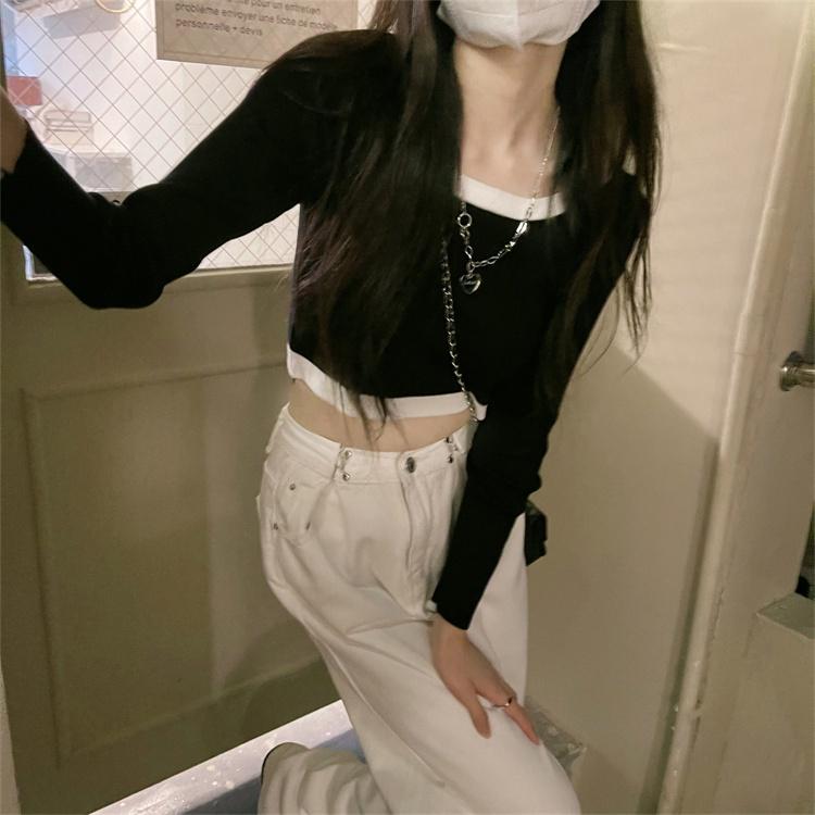 CU｜C54 雙撞色短針織❤️基本撞色款百搭休閒短版長袖針織衫/長袖上衣
