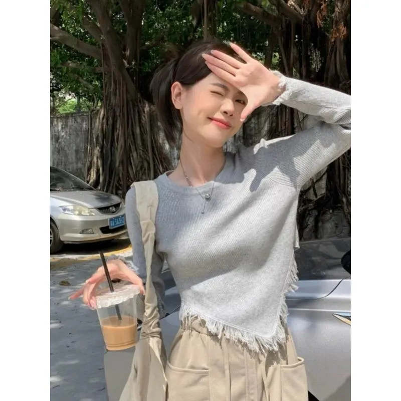 CU｜B150 不規則流蘇邊❣️獨特設計 修身顯瘦短版露肚臍上衣 長袖短版上衣 素色長袖上衣 長袖針織衫