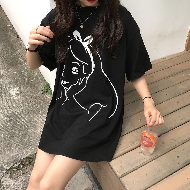 CU｜Q17 CU🥰現貨秒出🔥愛麗絲夢遊仙境🧚‍♀️百搭休閒極簡線條印花中長款短袖圓領T恤上衣/大學T