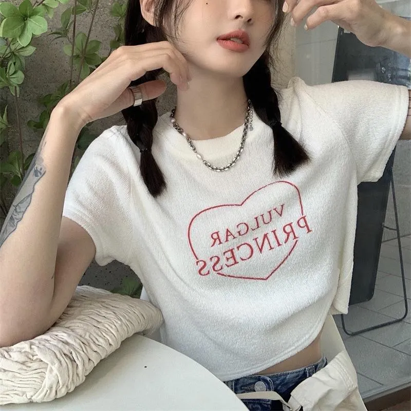 CU｜C29 氛圍感短T🌹帶點可愛的愛心百搭短款字母印花短袖T恤上衣