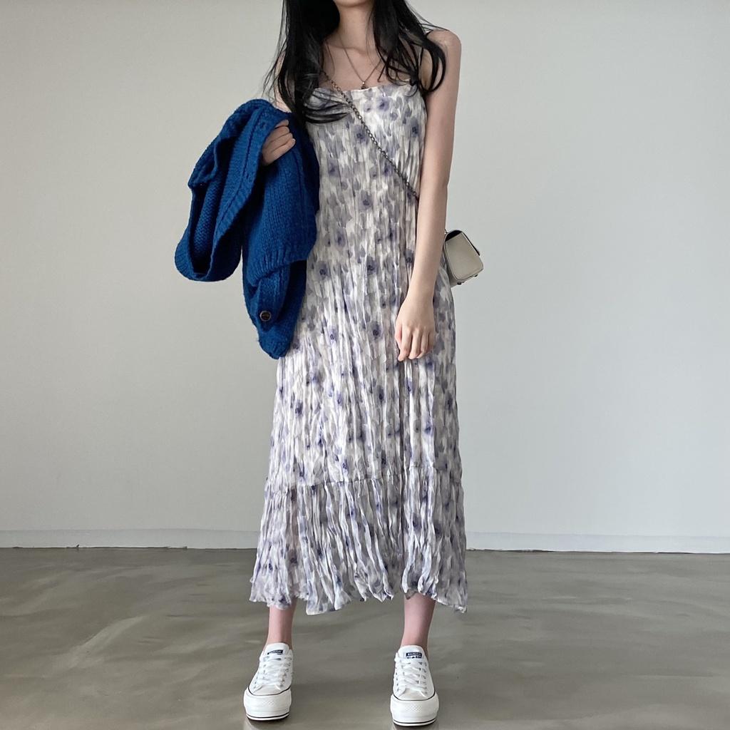 CU｜O17 極美雜誌款🧚‍♀️夢幻系韓國褶皺百搭水墨印花吊帶連身裙/中長裙/吊帶裙