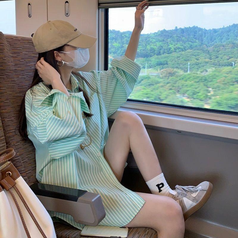 CU｜N13 清新綠條紋🍃慵懶落肩袖 好駕馭polo領設計綠條紋寬鬆長袖襯衫上衣