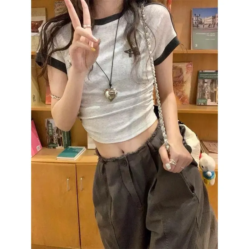 CU｜B182 美式辣妹🖤休閒運動風 拼接條紋 短袖T恤上衣 短版上衣 露肚臍上衣