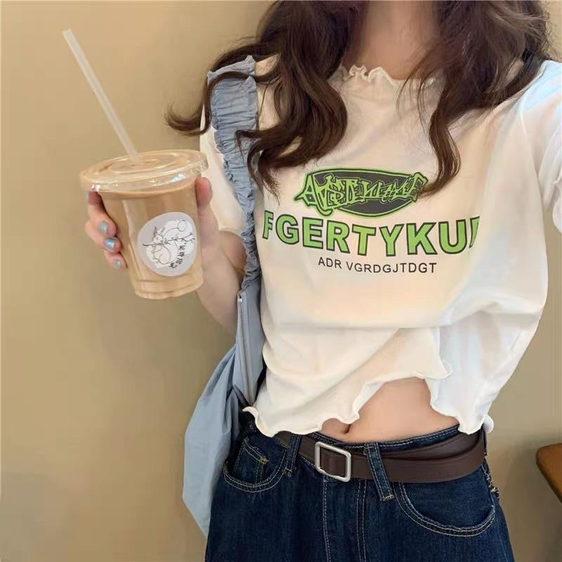 CU｜Q14CU🥰波浪花邊設計🌹韓國潮版字母印花短袖t恤/短款修身顯瘦上衣