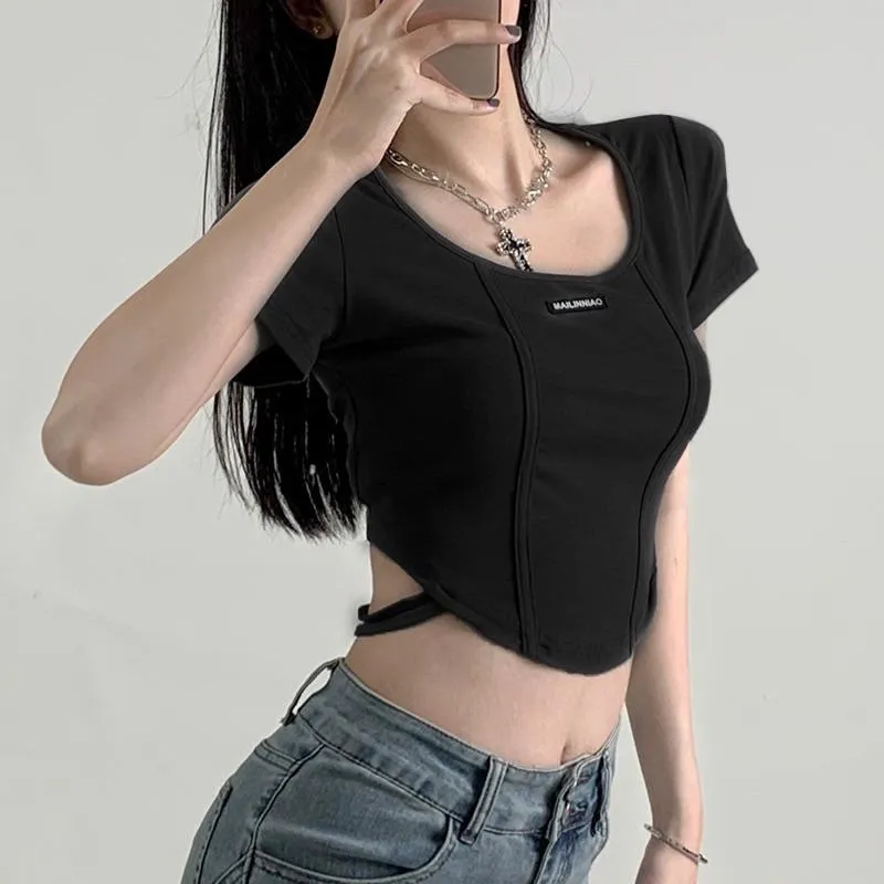 CU｜D69 美式復古🖤小露背綁帶高腰不規則魚骨上衣/短袖上衣