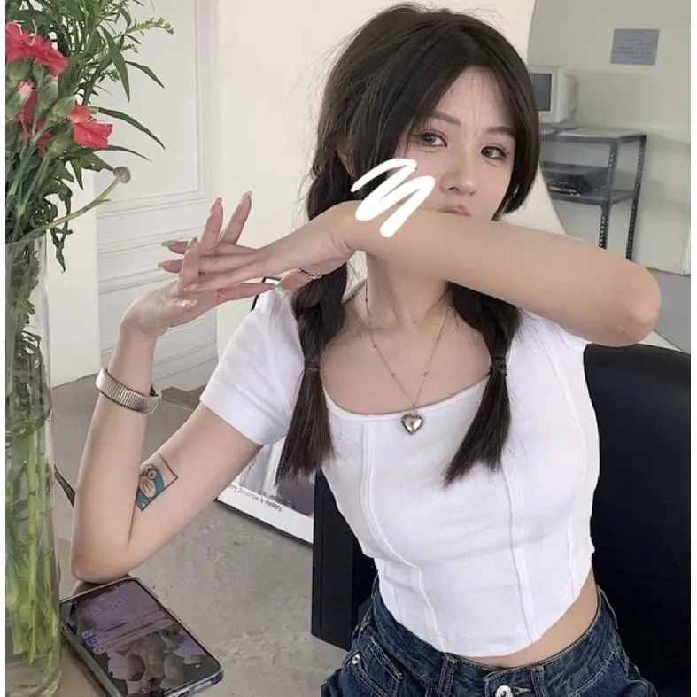 CU｜C05 顯瘦立體魚骨線基本款百搭素色修身方領短袖T恤上衣/露臍短款上衣