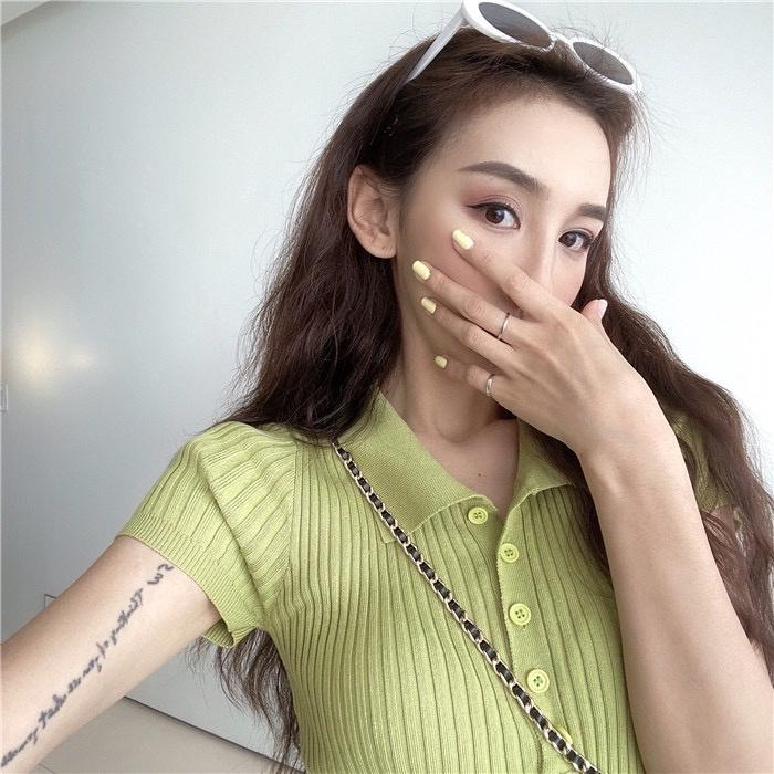 CU｜C15 素色鈕扣針織衫💗復古polo領深V鈕扣彈性短袖針織上衣
