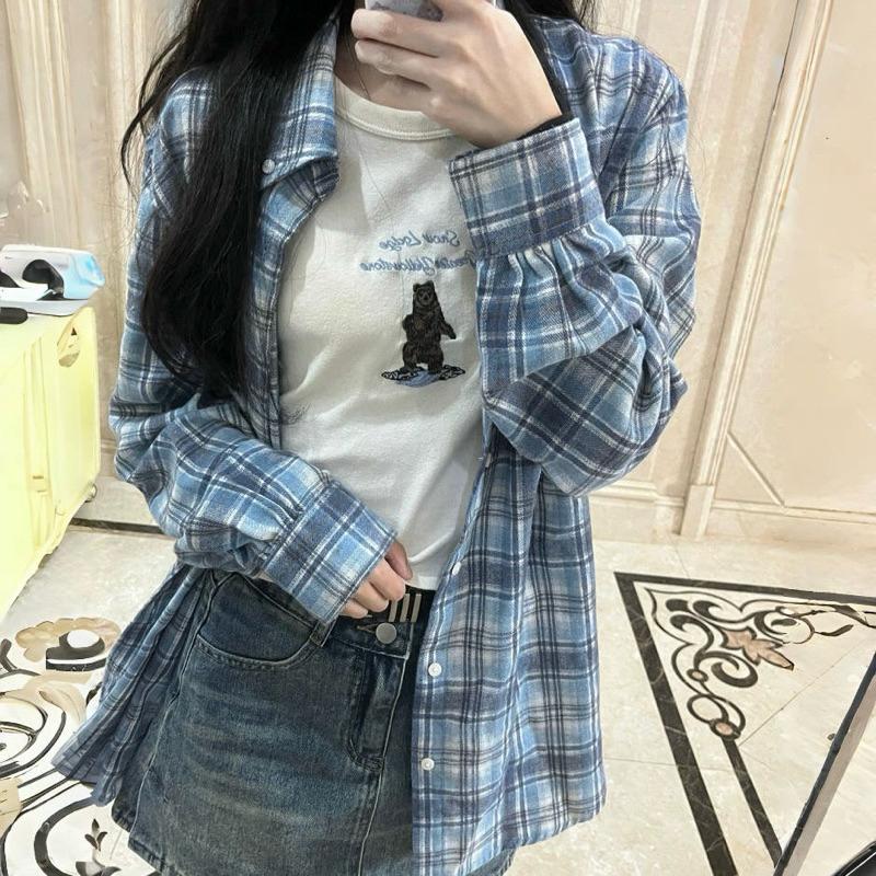CU｜D111 ❤️‍學院風格紋💙簡約百搭藍色格紋寬鬆長袖襯衫上衣 襯衫 長袖上衣 防曬罩衫 薄外套