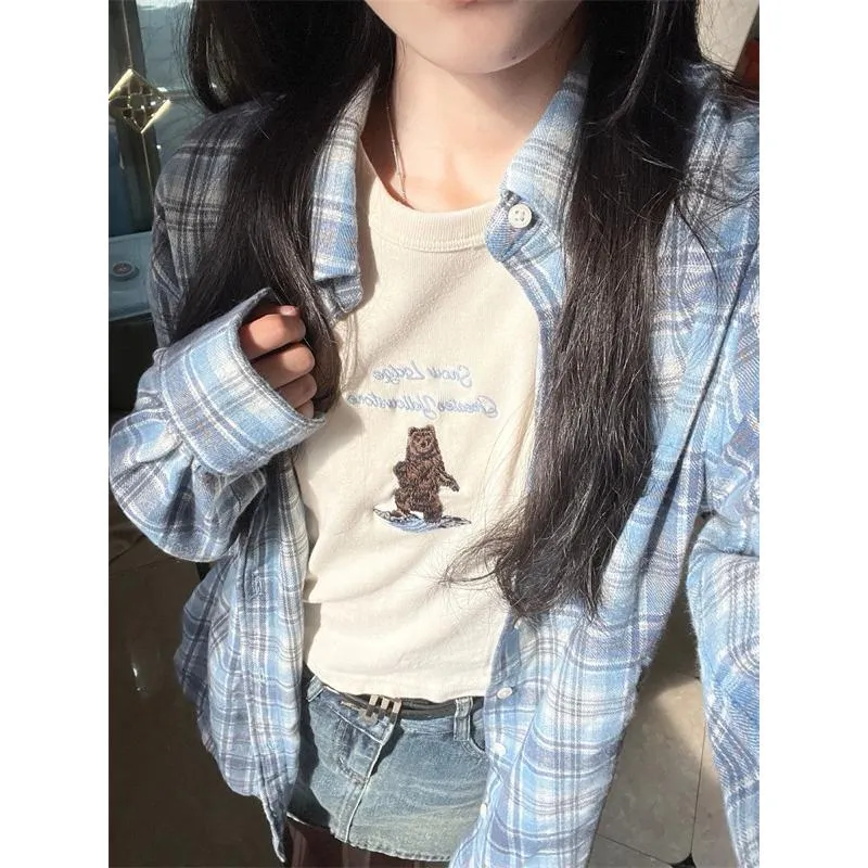 CU｜D111 ❤️‍學院風格紋💙簡約百搭藍色格紋寬鬆長袖襯衫上衣 襯衫 長袖上衣 防曬罩衫 薄外套