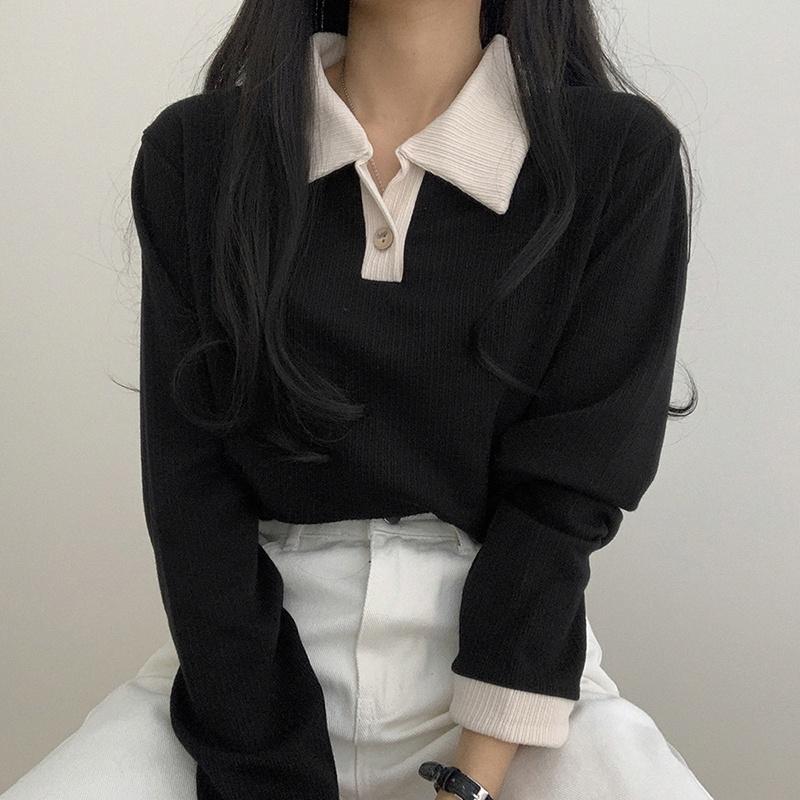 CU｜Z69 3色 撞色復古POLO領🖤百搭長袖上衣/襯衫polo上衣