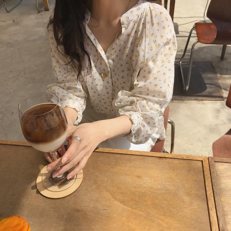 CU｜M48 韓系小姊姊🌹柔軟舒適皺感可愛花卉圖案長袖襯衫上衣/雪紡衫
