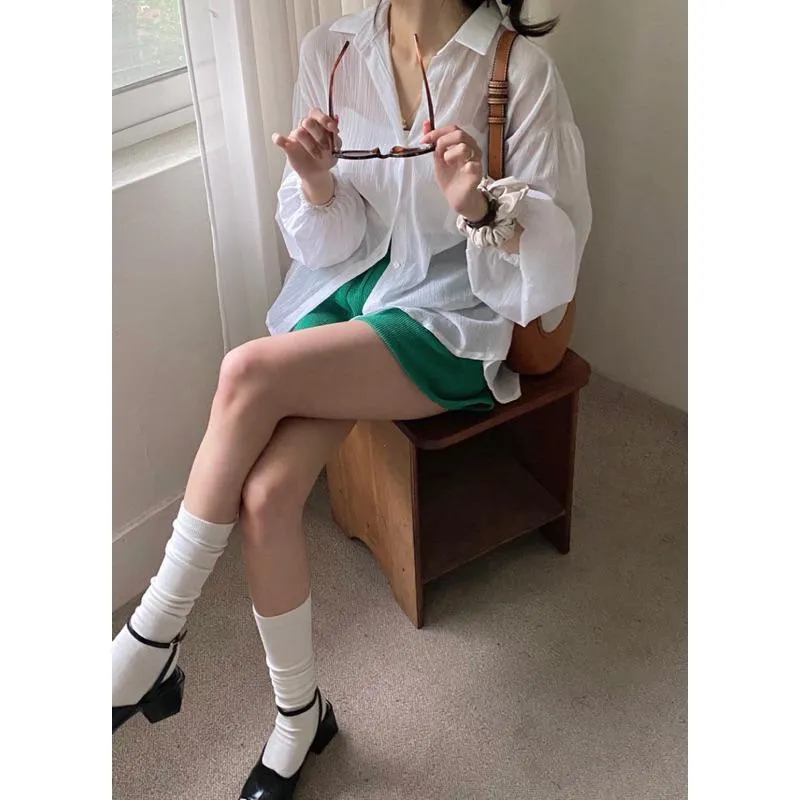 CU｜H28 後背開叉設計美背綁帶泡泡袖防曬襯衫 長袖襯衫 薄罩衫