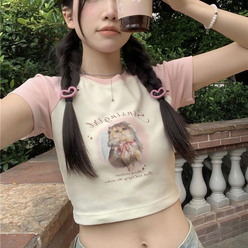 CU｜Q41 美式辣妹🐈漫畫貓咪印花短版短袖T恤上衣