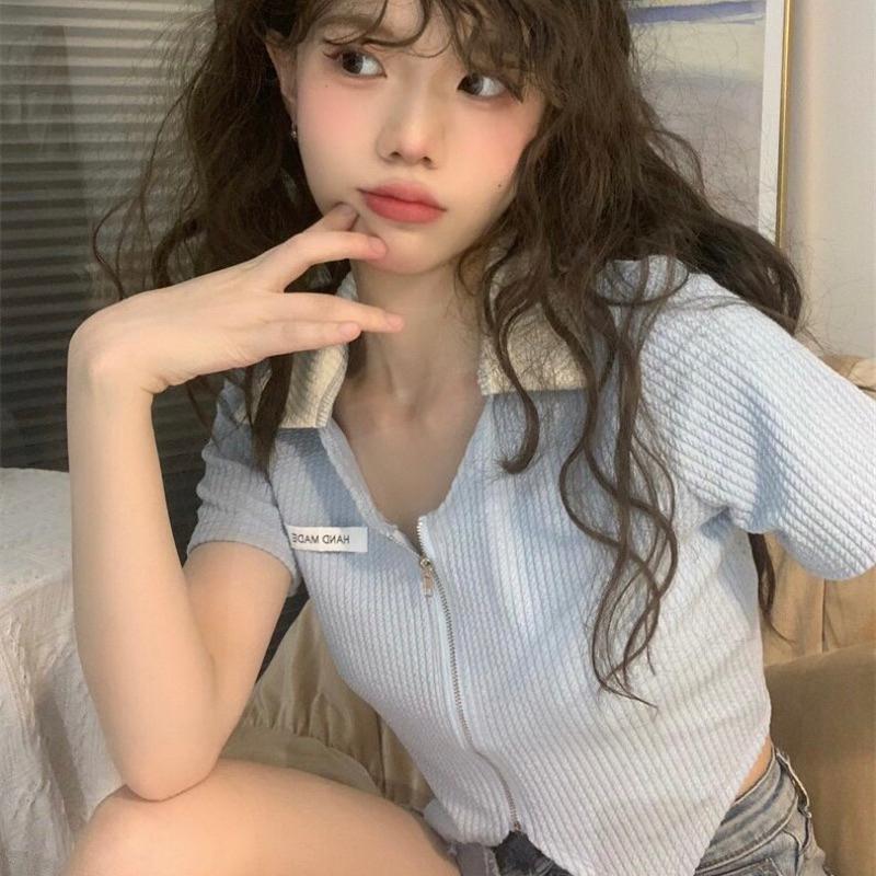 CU｜C28 😍baby藍～不死板拉鍊設計 polo領短袖上衣