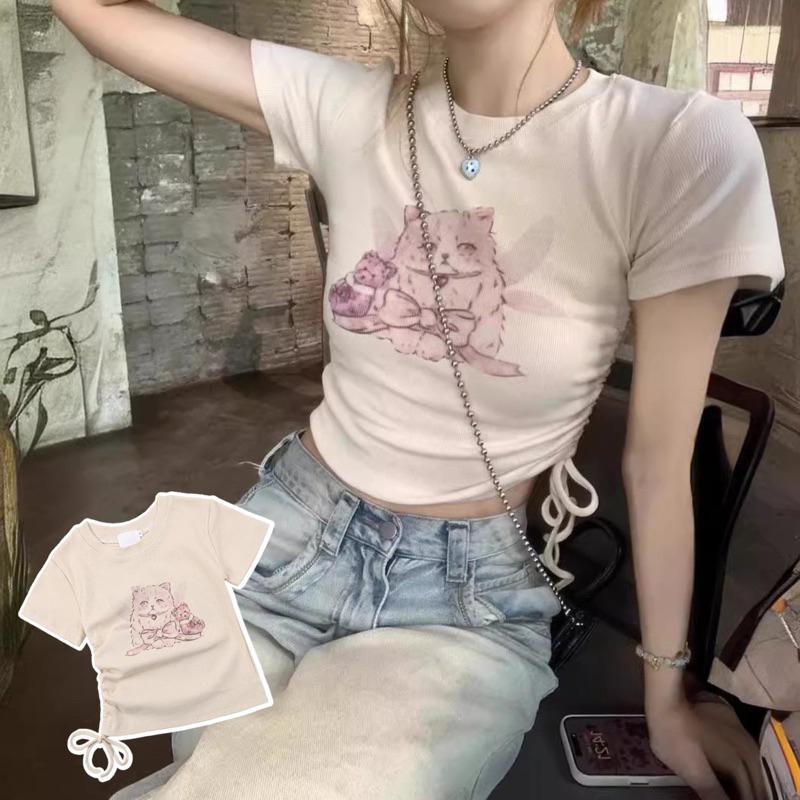 CU｜Q64 CU🇰🇷現貨秒出❤️做舊復古感🐈短版側抽繩 貓咪印花短袖T恤上衣